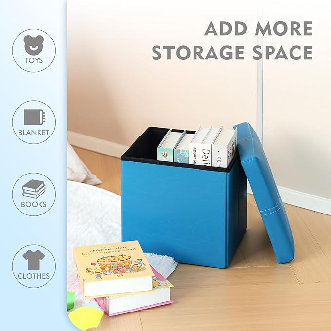 B FSOBEIIALEO Folding Storage Ottoman, Faux Leather Footrest Seat Coffee Table Toy Chest Kids, Blue 11.8"x11.8"x11.8"