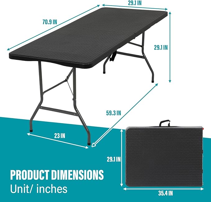 FDW Folding Table Half Portable Foldable Table for Parties Backyard Events (Black Ratten, 6 FT)-NeatNest