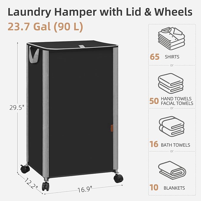STORAGE MANIAC Rolling Laundry Hamper with Lid, 23.7 Gal (90 L) Large Tall Laundry Basket with Wheels & Handles, Aesthetic Dirty Clothes Hamper for Small Space, Dorm, Apartment, College, Black