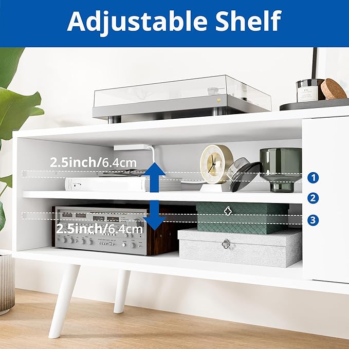 Cozy Castle TV Stand for 48 Inch TV, Mid Century Modern Entertainment Center with Storage Cabinet, TV Media Console with Charging Station for Living Room, Bedroom, White-NeatNest