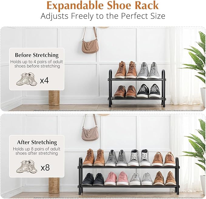 INSMART 2-Tier Expandable Shoe Rack:Stackable and Adjustable Shoes Organizer Storage Shelf, Sturdy and Durable Metal Structure Free Standing Shoe Rack for Closet Entryway Doorway-NeatNest