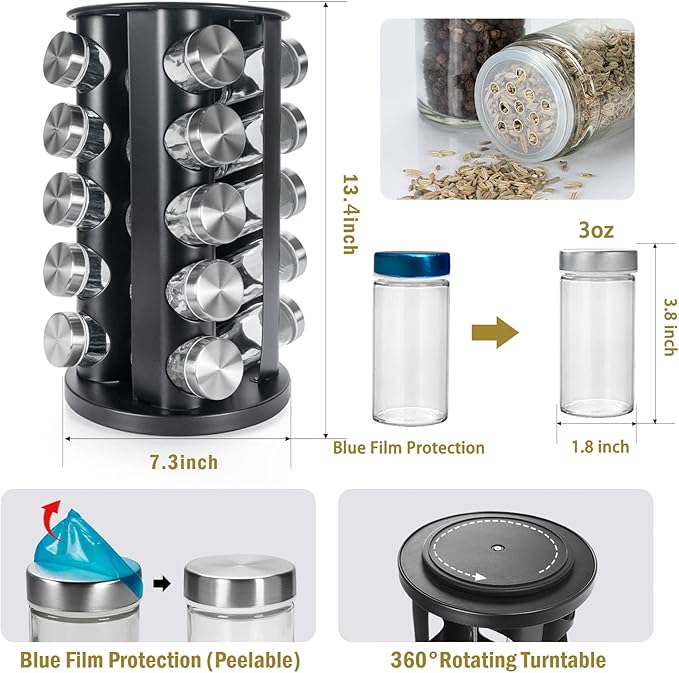 Black Countertop Revolving Spice Rack, Empty 20-Jars Rotating Spice Rack Organizer, Round Carousel Tower, 135 Spice Labels with Funnel Complete Set, for Kitchen Countertop, Cabinet-NeatNest