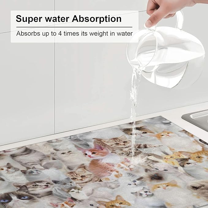 Cute Cat Dish Drying Mat 18 x 24 Inch for Kitchen Counter Cute Kitchen Mat Microfiber Kitchen Countertop Absorbent Reversible Drainer Rack Pad Dish Drying Mat-NeatNest