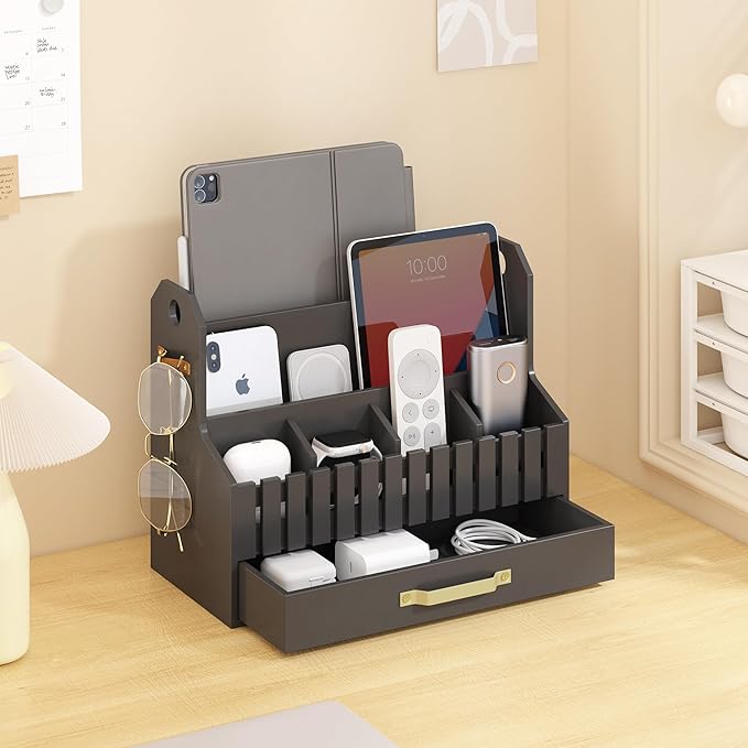 Bamboo Mail Organizer Countertop with Drawers, Wood Desk File Organizer Desktop Paper Organization Storage Bill & Letter Sorter Holder for School Home Office Supplies, No Assembly Required (Black)-NeatNest