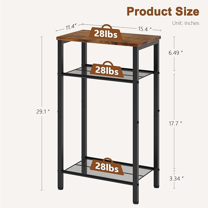 Hoctieon 3 Tier End Table, Telephone Table, Narrow Side Table with Storage, Nightstand for Small Spaces, Metal Frame, For Living Room, Bedroom, Sofa Couch, Hall, Easy Assembly, Rustic Brown