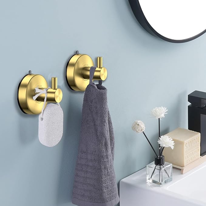 DGYB Suction Cup Hooks for Shower Set of 4 Gold Towel Hooks for Bathrooms SUS 304 Stainless Steel Shower Hooks for Loofah 15 Lb Bathroom Hooks for Towels-NeatNest