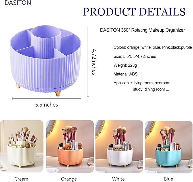 DASITON Large Capacity Makeup Brush Holder,360° Rotating Makeup Organizer,5 Slot Makeup Brushes Cup,for Vanity Decor,Bathroom Countertops,Desk Storage Container,Cosmetic Display cases(Purple)-NeatNest