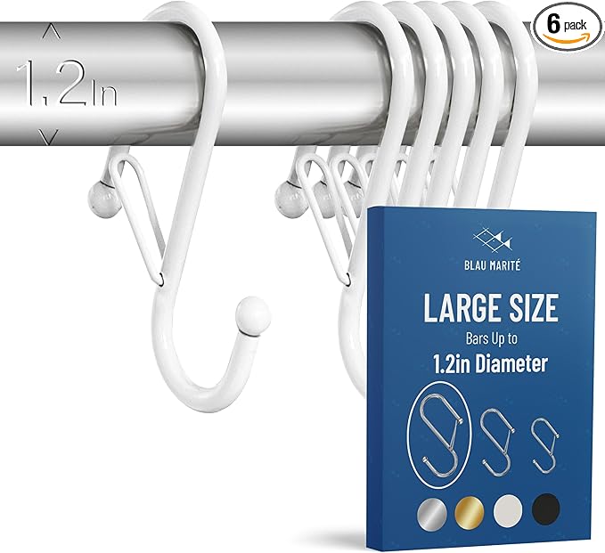 6-Pack Metal S Hooks for Hanging – Heavy-Duty S-Shaped Hook with Safety Buckle – Fits Bars up to 1.2 in – Anti-Drop S-Hooks for Closet, Wardrobes & Storage – White (Large)-NeatNest
