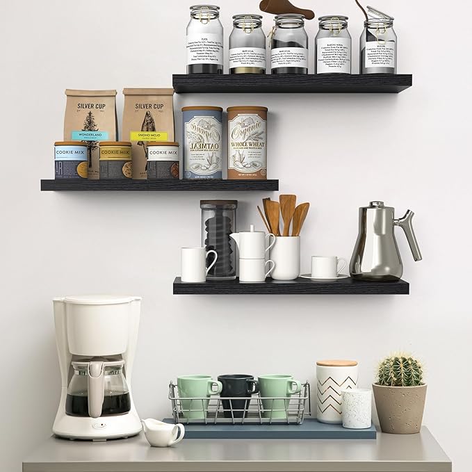 BAYKA Floating Shelves for Wall, 22.5 inches Wall Mounted Rustic Wood Shelves for Bathroom, Bedroom, Living Room, Floating Shelves for Books/Storage/Decor (Black,Set of 3)-NeatNest