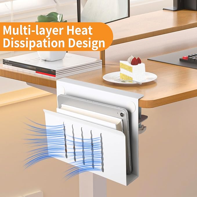 Desk Side Storage Under Desk Laptop Holder, No Drill Hanging Desk Organizer with Pen Holder, Clamp-On Table Side Tray Desktop Organization Mount for Office and Home (White)-NeatNest