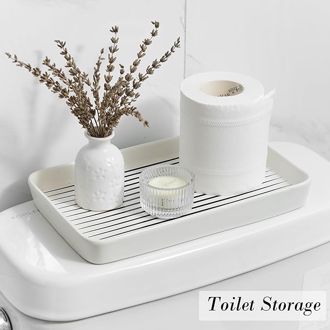 Bathroom Vanity Tray for Countertop,2PC Rectangle Striped Tray,Decorative Bathroom Organizer for Scrubber, Lotion Bottles, Perfume, Jewelry, Candle, Key Trinket Ring(Large,White)-NeatNest