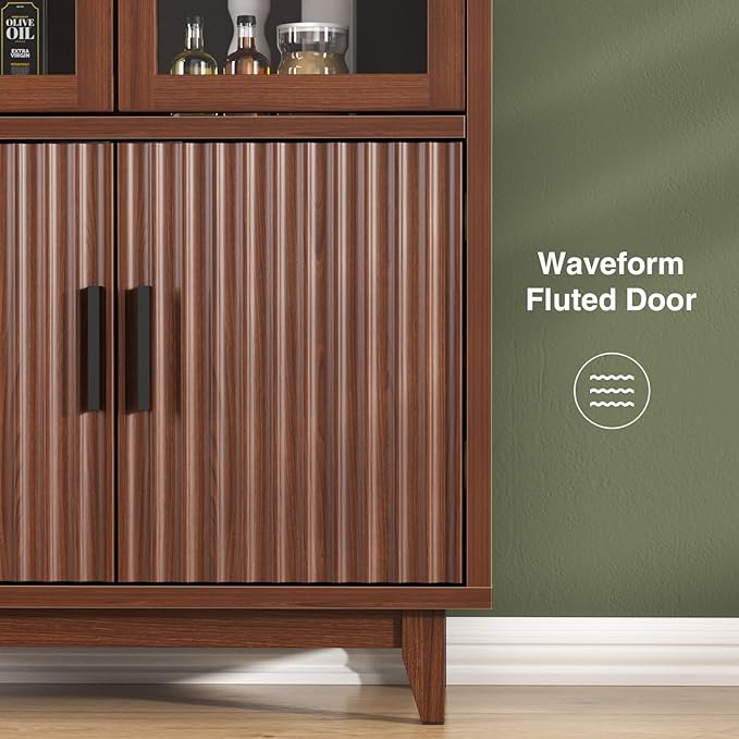 71" Tall Arched Cabinet with Glass Doors, Fluted Pantry Cabinet with Solid Wood Legs, Modern Accent Furniture for Living Room, Kitchen, Dining Room, Entryway, Walnut