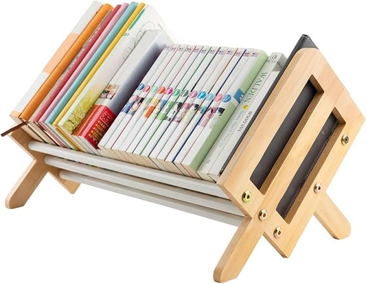 Desktop Bookshelf, Wood Tilting Bookcase with Iron Rack, Book Organizer for CDs/Magazine/Books Display, Storage Rack in Living Room/Studyroom/Home/Office (Yellow&White, 19.68")-NeatNest