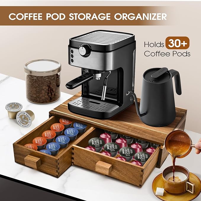 Acacia Wood K Cup Holder,Coffee Pods and Tea Bag Storage Organizer,with Two Drawers Kcup Holders for Counter,Multi-Functional Coffee Maker Stand-NeatNest