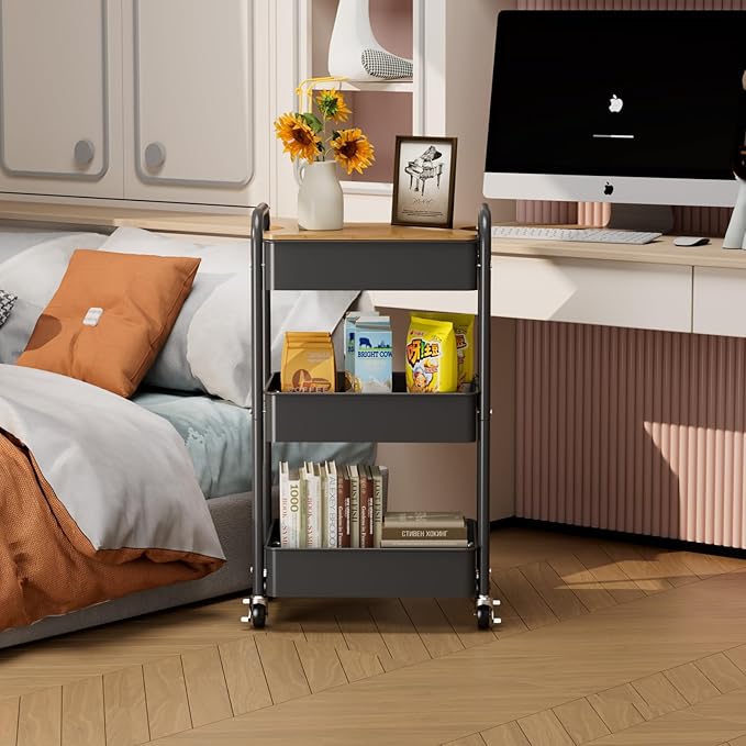 3 Tier Rolling Cart with Table top, Metal Utility Cart, Sturdy Storage Organizer Cart with Locking Wheels & Hooks for Office, Classroom, Kitchen and Bathroom-NeatNest