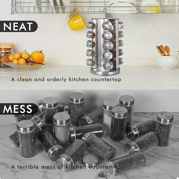 Baker Boutique Spice Rack, Spice Organizer for Countertop, Empty 20-Jars Rotating rack, Spinning flavoring Rack Shelf, Revolving Rack for Kitchen (Silver)-NeatNest