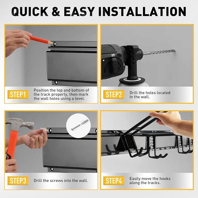 ELEAD 96 Inches Garage Storage, Garage Organization, Garden Tool Organizer Wall Mount, 18 Adjustable Heavy Duty Metal Hooks, Holds Up to 1460 lbs, Yard Tool Organizer for Garden, Yard, and Shed