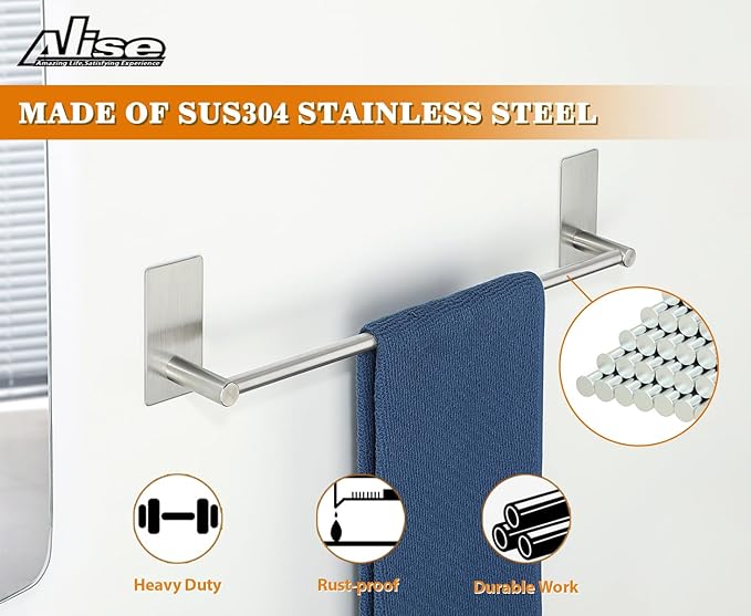 Alise Towel Racks for Bathroom, 16 Inch SUS 304 Stainless Steel Adhesive Towel Bar No Drill,Brushed Nickel Towel Bar,Rustproof Bath Towel Holder