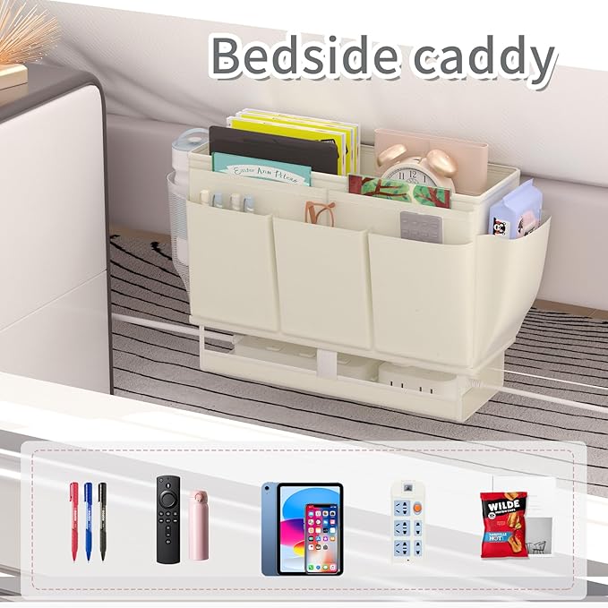 Bedside Caddy Bedside Organizer,Bed Caddy with 11 Pockets and Power Strip Holder,Versatile Bedside Storage Caddy for Home,Dorm,Bunk,Hospital,Crib Bed (White)-NeatNest