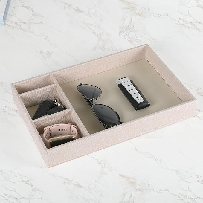 Desktop Storage Organizer, Nightstand or Dresser Organizer, Valet Tray, Entry Table Organizer, 4 Compartments,PU Leather Drawer Storage Organizer Decorative Trays. (Pearl White—2)-NeatNest