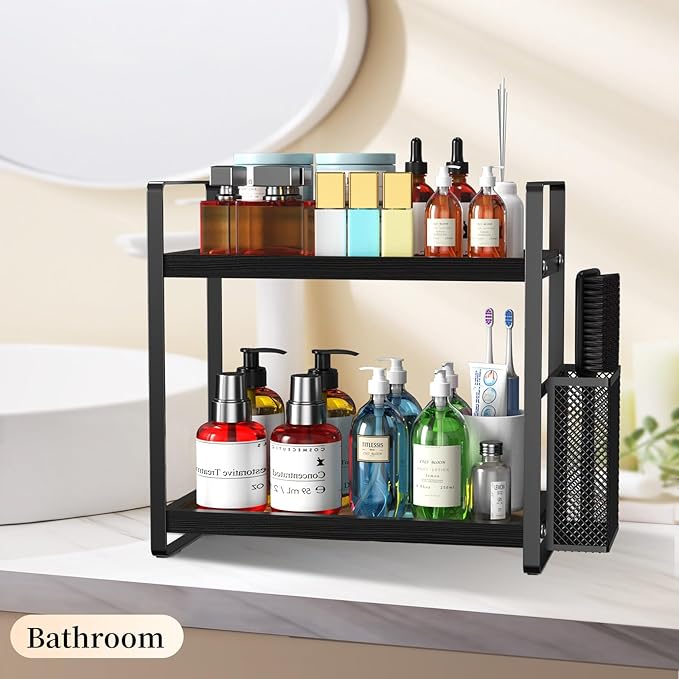 Bathroom Counter Organizer, Wood Vanity Trays with Basket, Skincare Countertop Organizers, Large Capacity Makeup and Perfume Organizer-NeatNest