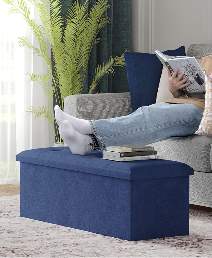 Folding Storage Ottoman Bench, Multi-Functional Ottoman Footrest, End of Bed Bench, Storage Chest for Living Room, Bedroom, Hallway, Entryway, Holds Up to 700 lbs (Navy Blue, 43 Inches)