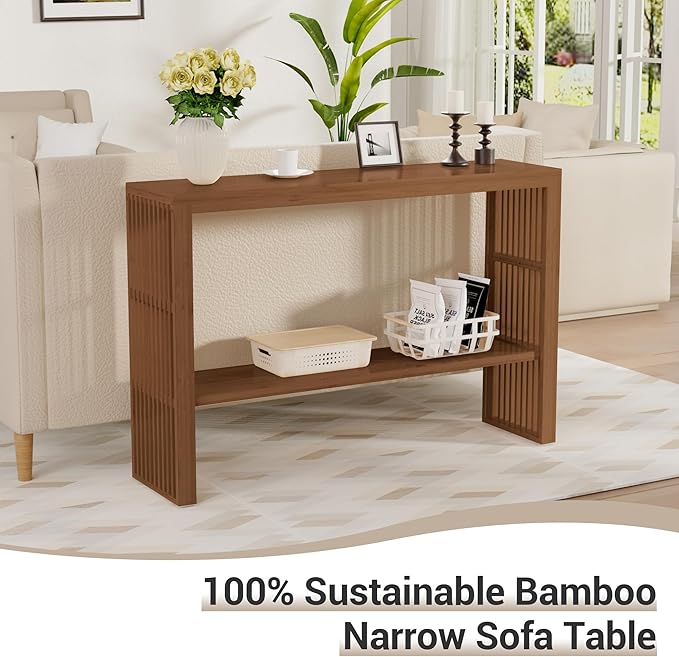 Bamboo Wood Entryway Table 47.2" Console Table, 2-Tier Farmhouse Narrow Sofa Table with Grille-Inspired Sides Easy Assembly for Entrance, Hallway, Living Room, Bedroom, Foyer(Walnut)-NeatNest