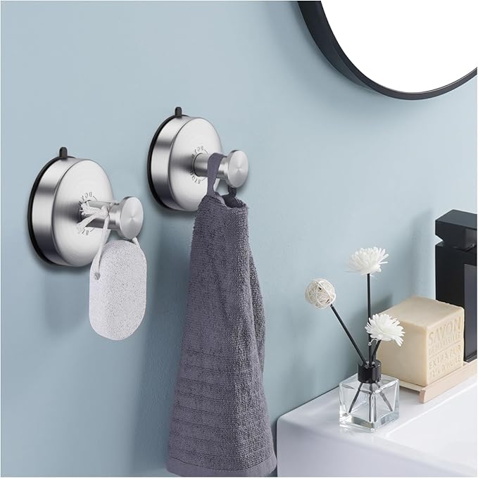 DGYB Suction Cup Hooks Set of 2 Suction Bathroom Hook for Wall Brushed Nickel Shower Hooks for Inside Shower 304 Stainless Steel Towel Hook for Glass Door Hanging Robe, Loofah, Coats-NeatNest