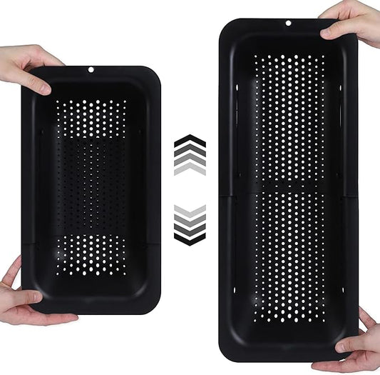 BLUE GINKGO Over the Sink Colander Strainer Basket - Wash Vegetables and Fruits, Drain Cooked Pasta and Dry Dishes - Extendable - New Home Kitchen Essentials - Black-NeatNest