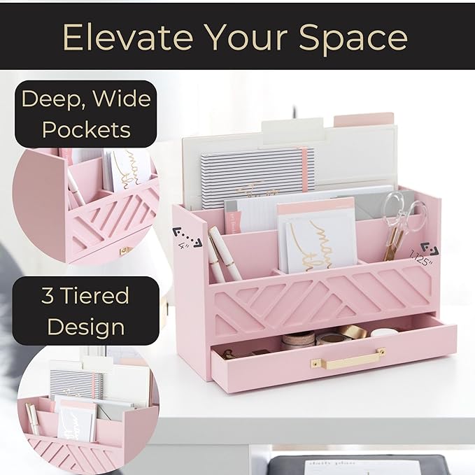 BLU MONACO Pink Wooden Desk Organizer with Storage Drawer and Gold Handle – Cute Office Supplies Holder – Mail Storage for Desktop at Home, Office, or Workspace-NeatNest