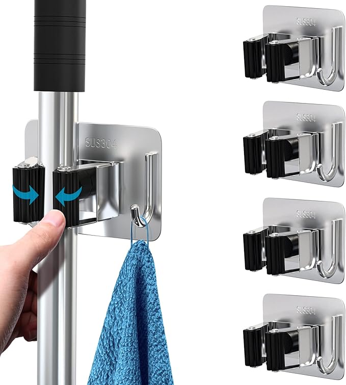 Mop Broom Holder No Drill, Mop Broom Organizer Wall Mounted Heavy Duty with Hooks Hanger, Self Adhesive Stainless Steel 4Pcs for Bathroom, Kitchen, Office (Silver)-NeatNest