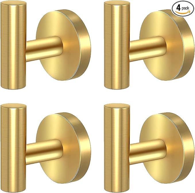 Kruodop Towel Hooks for Bathroom,4 Packs Wall Mount Towel Holder,Black Matte Wall Robe Hook,Stainless Steel Heavy Duty Door Hanger Towel Hook for Kitchen, Bedroom,Hotel,Pool,Coats - Gold