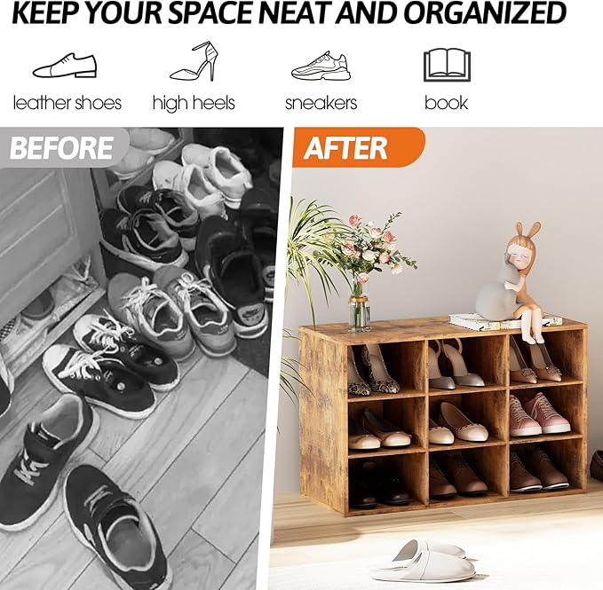 Garden 4 you Shoe Storage Bench, Cubby Shoe Rack with 9 Cubbies, 3-Tier Wood Shoe Rack Organizer, Shoe Organizer Cabinet for Entryway, Hallway, Closet and Garage, Brown-NeatNest