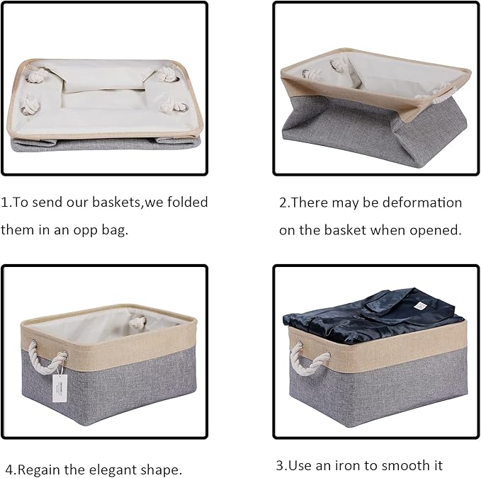 Fabric Storage Basket Set of 3, Foldable Linen Storage Box for Nursery and Home, Collapsible Canvas Shelf Basket for Wardrobe or Bedroom, Grey and Beige