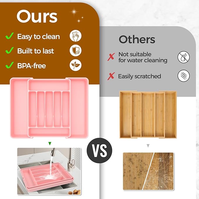 Extra Large Expandable Silverware Organizer, BPA-Free Food-Safe Cutlery Flatware Organizer, Kitchen Utensil Drawer Organizer, Adjustable Silverware Holder for Spoons Forks Knives, Pink-NeatNest