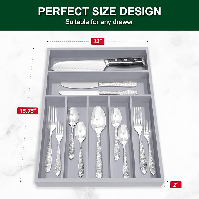 Bellsal Grey Utensil Organizer 12.5 Inch Silverware Tray for Drawer Utensil Holder Cutlery Organizer Kitchen Drawer Organizer 7 Compartment Small Narrow Bamboo-NeatNest