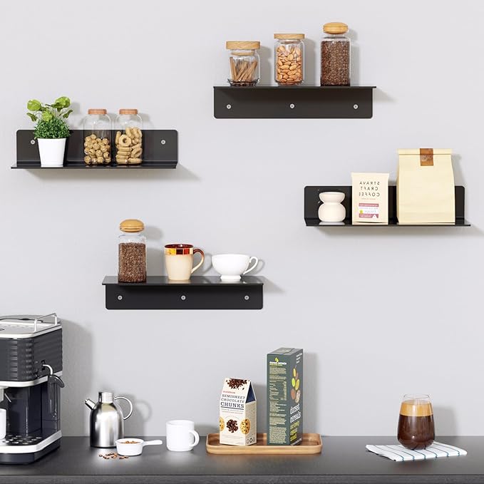 12" Black Acrylic Floating Shelves, 4 Pack Small Floating Shelf with Cable Clips for Living Room, Bathroom, Gaming Room, Dorm Wall Display Space-NeatNest
