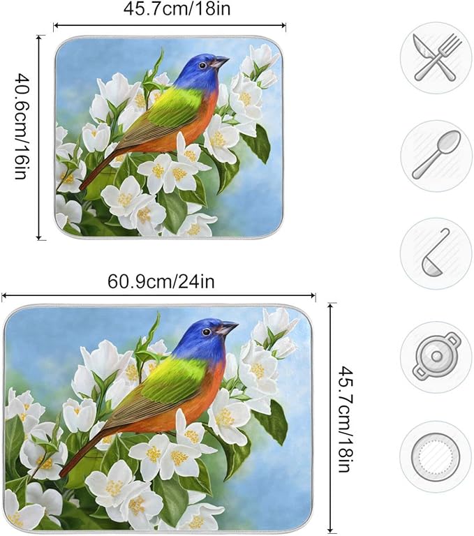 Absorbent Dish Drying Mat for Kitchen Counter - Peach Blossom Blue Hummingbird Microfiber Drying Pad, Reversible Drainer Mats for Countertop, Small 16" x 18"
