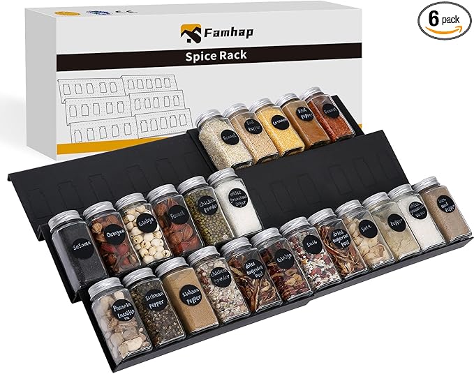 Famhap Spice Drawer Organizer, 6 Pack Drawer Seasoning Organizer Expandable from 11.6" to 23.2" Seasoning Rack Tray Insert for Kitchen Drawers, Spice Rack Tray for Drawer/Countertop (Black)-NeatNest