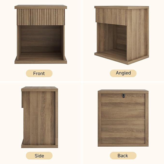 Fluted Nightstand, 22.8" Wide Nightstands with Drawer Storage Large Wood BedsideTable Night Stand for Bedroom, Natural Oak