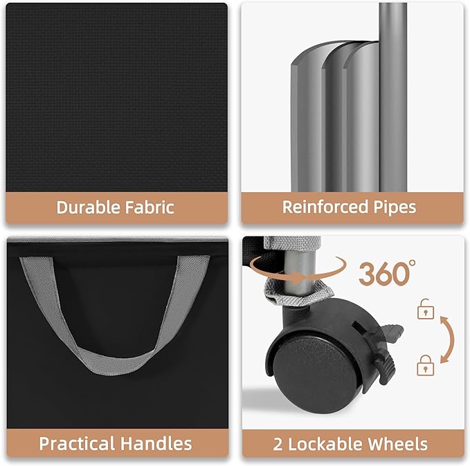 STORAGE MANIAC Rolling Laundry Hamper with Lid, 23.7 Gal (90 L) Large Tall Laundry Basket with Wheels & Handles, Aesthetic Dirty Clothes Hamper for Small Space, Dorm, Apartment, College, Black