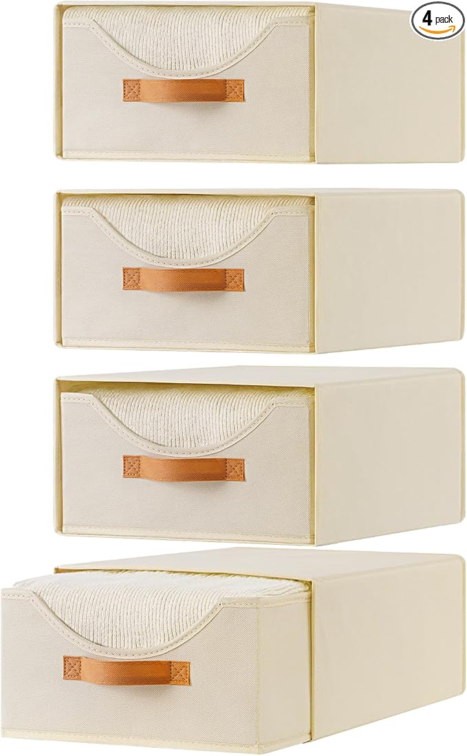4 Pcs Closet Drawers and Large Size Clothes Storage Bins Push-Out Storage Stackable Shelf Drawers with See-Through Window Closet Organizers for Bedroom, Living Room, Under Bed, Beige-NeatNest