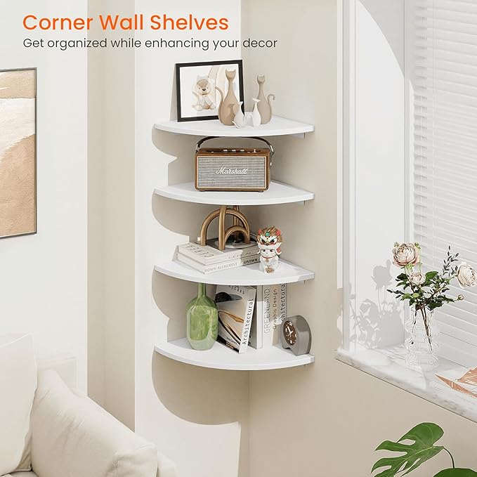 Homode Corner Floating Shelves, Set of 4 Round Corner Shelf Wall Mount with Cord Hole, 12 Inch Wood Curved Hanging Shelf for Cable Box, Speaker, TV Cords, Books, Plants, White