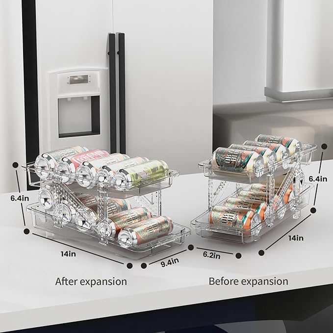 Drink Organizer for Fridge Soda Holder for Refrigerator Can Dispenser,Adjustable Width Can Holders for Fridge Suitable for Storage Cabinet and Pantry Clear (2 Pack)