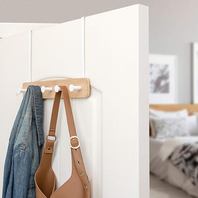 Badiano Over The Door Hook Hanger, Bamboo Coat Rack with 5 Metal Hooks, Wood Clothes Organizer for Coat, Towels, Bags, Robes (White)
