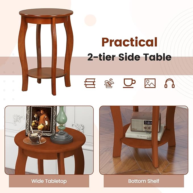 Giantex Round End Table, Wooden Side Table with Storage Shelf, Small Nightstand with Solid Wood Legs, 2-Tier Accent Table for Living Room Bedroom (1, Walnut)