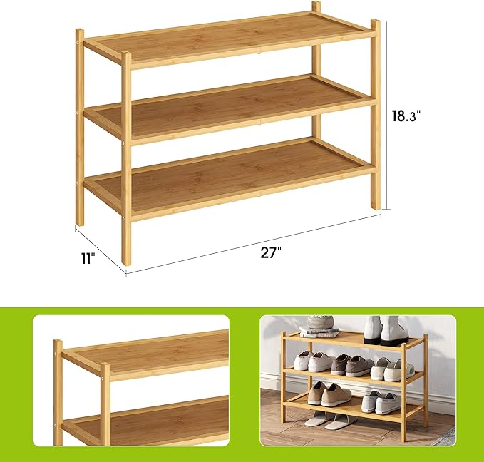 BMOSU 3-Tier Bamboo Shoe Rack Premium Stackable Shoe Shelf Storage Organizer for Hallway Closet Living Room Entryway Organizer(Natural)-NeatNest