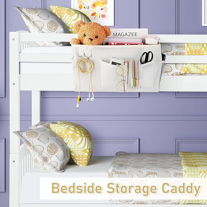 Bedside Caddy Bedside Organizer Hanging Storage Bag for Bunk College Dorm Bed and Hospital Beds with Magazine Water Bottle Phone Holder (White)-NeatNest