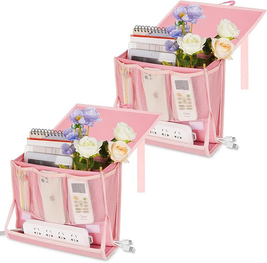 Bedside Caddy Bedside Storage Organizer Bedside Organizer with Power Strip Holder and 2 Adjustable Straps for Home Bunk Bed College Dorm Sofa (2 Pack Pink)-NeatNest