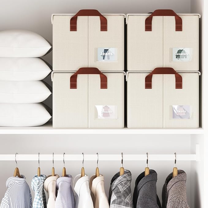 AARAINBOW Metal Frame Clothes Organizer Bins, Stackable Fabric Storage Bins with Lids, 4 Packs Fabric Boxes Foldable Closet Container for Clothes Toys, 23L (B White)-NeatNest